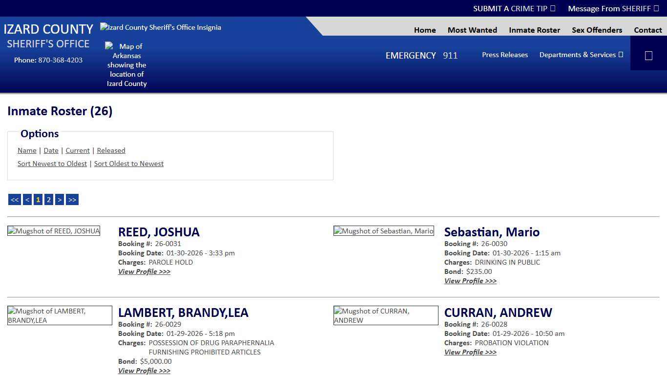 Inmate Roster - Current Inmates Booking Date Descending - Izard County Sheriff AR